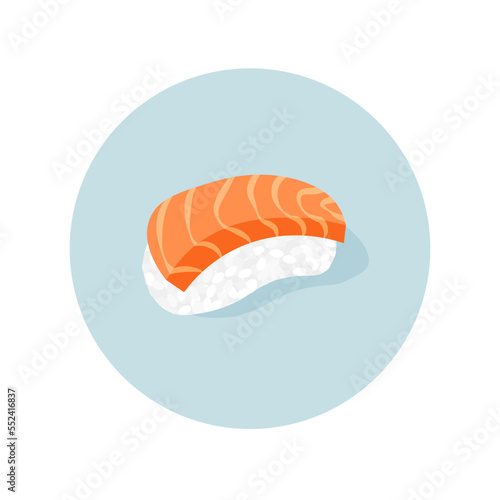 Japanese salmon sushi. Raw sliced fish with rice. Traditional Asian food. Vector illustration in trendy flat style isolated.