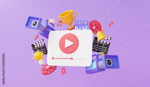 Print op canvas 3d render streaming playing video multimedia with movie camera floating with trophy cup award idea entertainment media creative professional, clapper board elements, internet