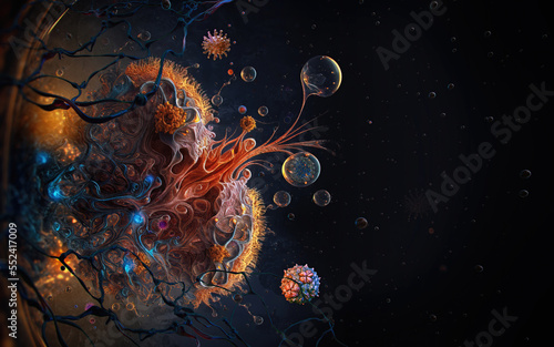 Viruses closeup medical 3D illustration. Coronavirus flu, mpox, herpes, rhinovirus, HPV infection, HIV, adenovirus, influenza, corona illness virus cells disease epidemic, pandemic strains research photo