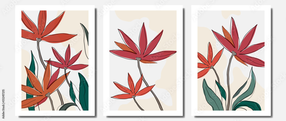 Botanical leaf branches wall art vector. Tropical hand drawn flowers and leaves. Illustration design for wall decor, home decor Botanical leaf branches wall art vector. Tropical hand drawn flowers and leaves. Illustration design for wall decor, home decor
