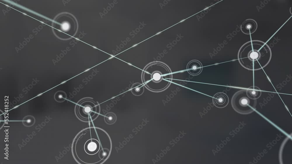 Animation of network of connections floating against empty office Animation of network of connections floating against empty office