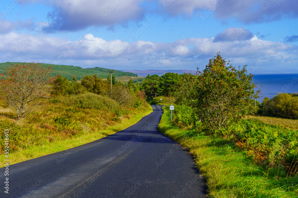 Single lane road and landscape, in the Kintyre peninsula