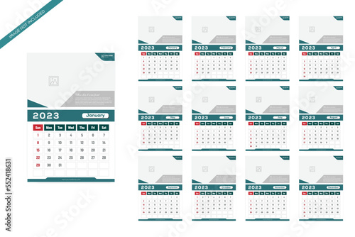 Calendar template for 2023 year. Week starts on Sunday. Wall planner with photo image.