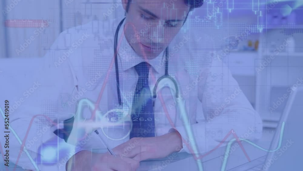 Animation of financial graphs over happy caucasian male doctor Animation of financial graphs over happy caucasian male doctor