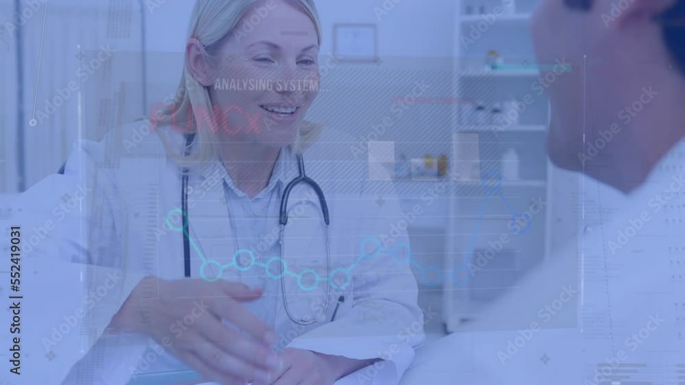 Animation of data processing over caucasian female doctor talking to a male patient at hospital Animation of data processing over caucasian female doctor talking to a male patient at hospital