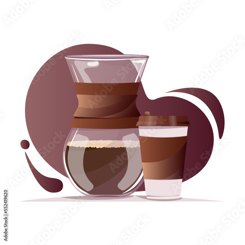 Glass coffee maker and paper cup. Coffee break, cafe or coffee shop, coffee takeaway illustration