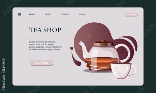Tea shop web banner template, website, landing page and mobile app development. Glass tea pot with porcelain cup, saucer and black tea 