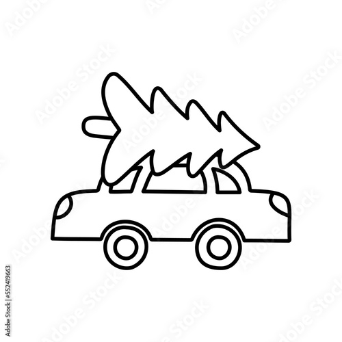 Doodle illustration of a machine with a Christmas tree on the roof. Design greeting cards, posters, gift wrapping.