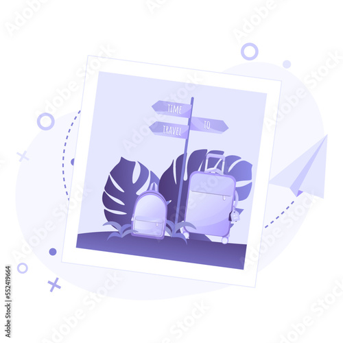 Holiday photo. Pictures from a tropical resort with suitcase and backpack.  Travel, summer holidays, booking, planning a vacation and tourism concept.	