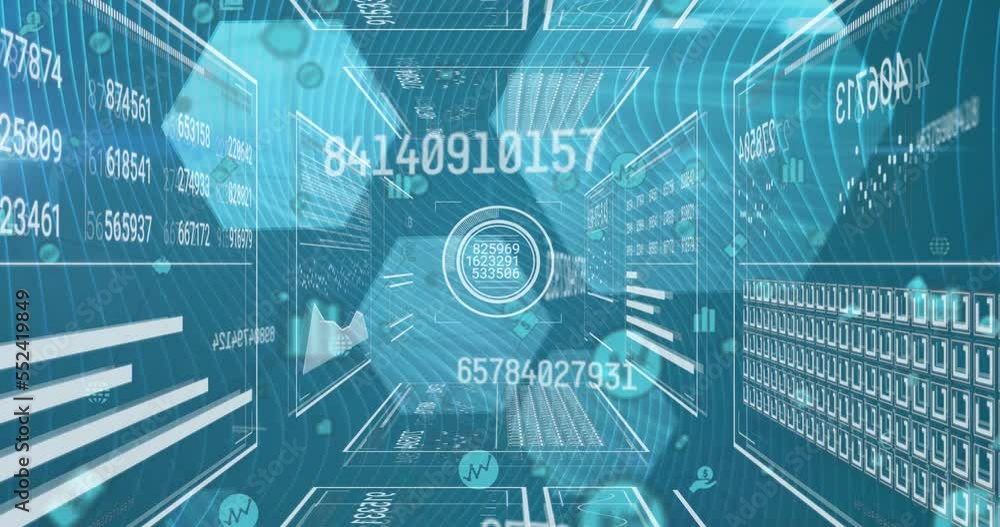 Animation of changing numbers over interface with data processing against blue background