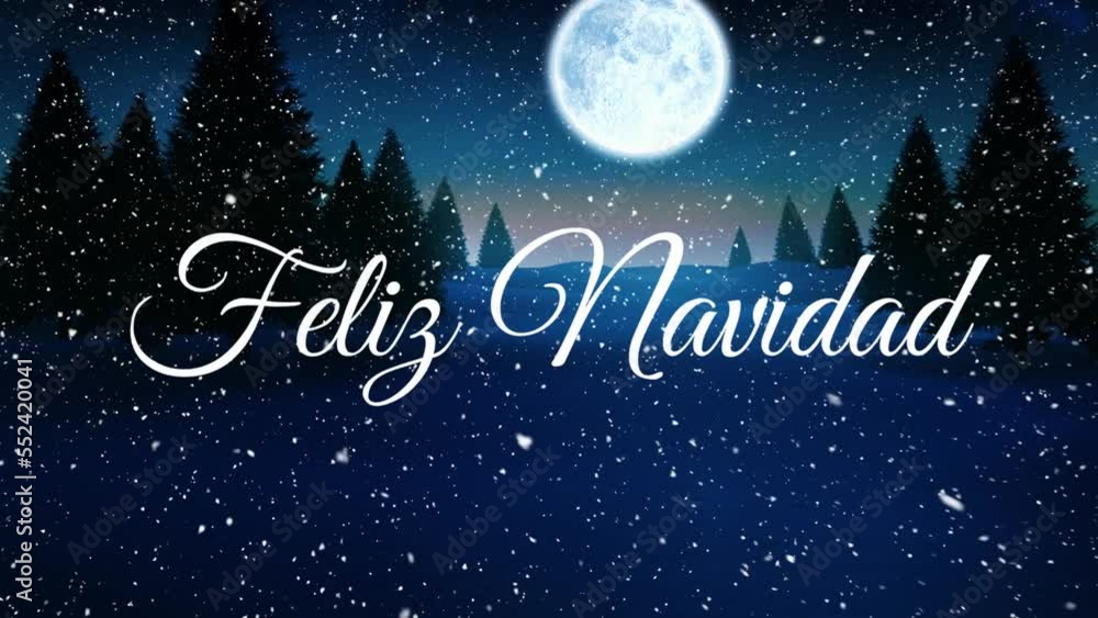 Animation of feliz navidad text over christmas winter scenery Animation of feliz navidad text over christmas winter scenery