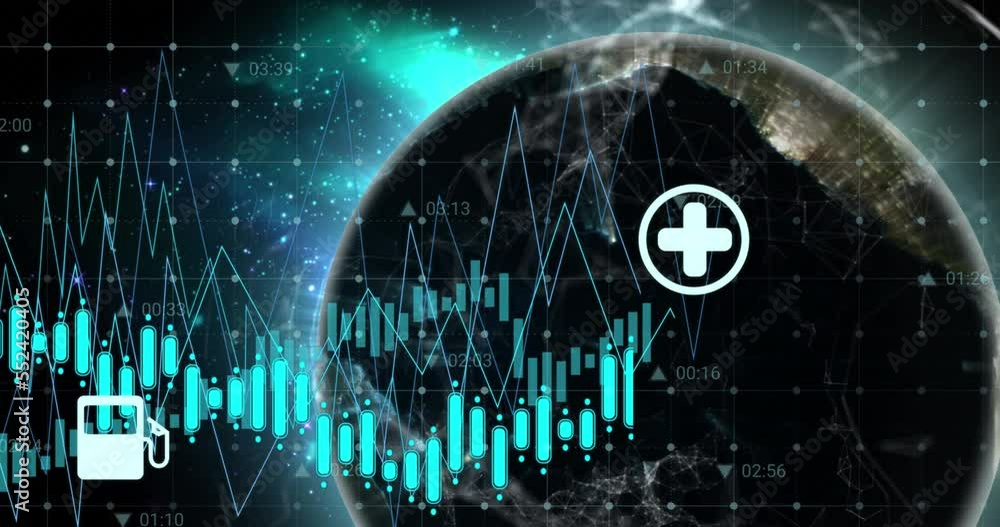 Animation of financial data processing, environment icons and statistics over globe Animation of financial data processing, environment icons and statistics over globe
