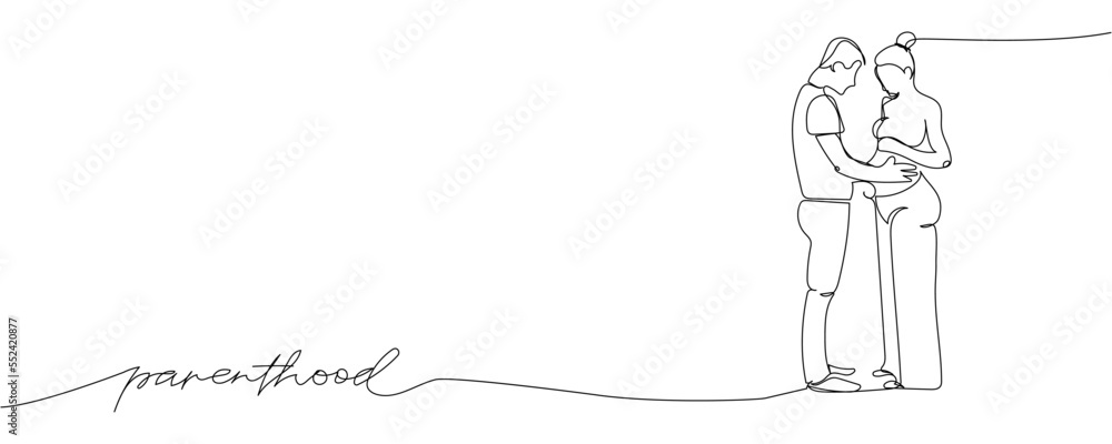 Full length couple in love, spouses, pregnant woman one line art with an inscription parenthood. Continuous line drawing of pregnancy, motherhood, preparation for childbirth, expectation of a child.