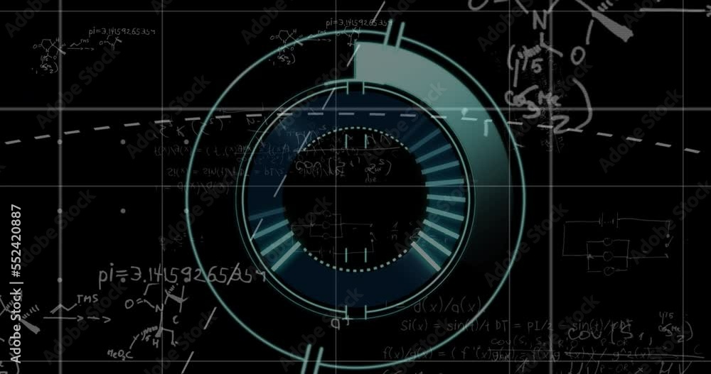 Animation of lines on loading circles over mathematical equations against black background Animation of lines on loading circles over mathematical equations against black background