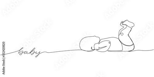 Newborn one line art with an inscription baby. Continuous line drawing of child, childhood, newborn, new life, son, daughter, silhouette, motherhood, baby.