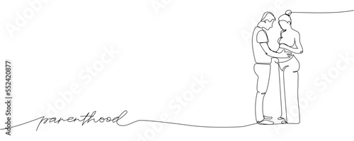 Full length couple in love, spouses, pregnant woman one line art with an inscription parenthood. Continuous line drawing of pregnancy, motherhood, preparation for childbirth, expectation of a child.