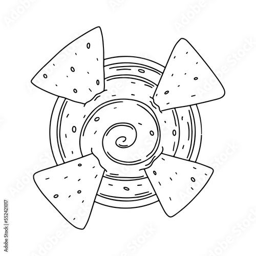 Nachos Mexican corn chips with salsa dip in hand drawn doodle style. Top view. Vector illustration for restaurant menu, label, banner.