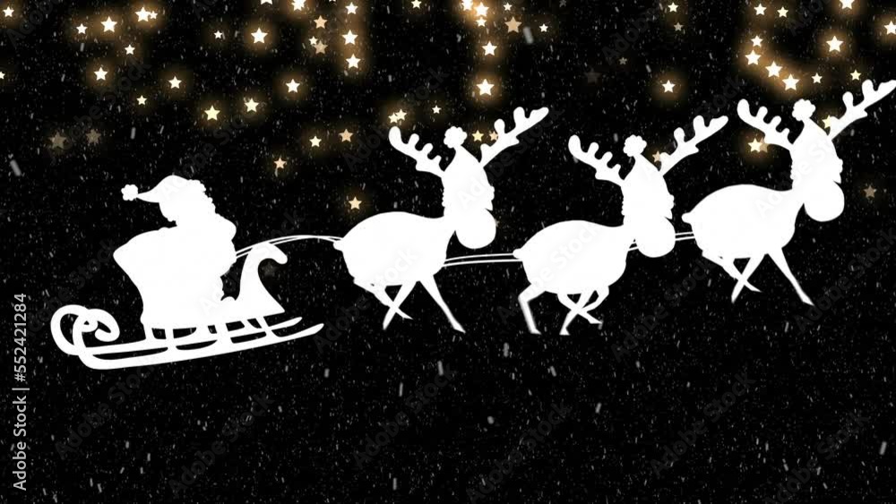 Animation of stars falling at christmas over santa in sleigh Animation of stars falling at christmas over santa in sleigh
