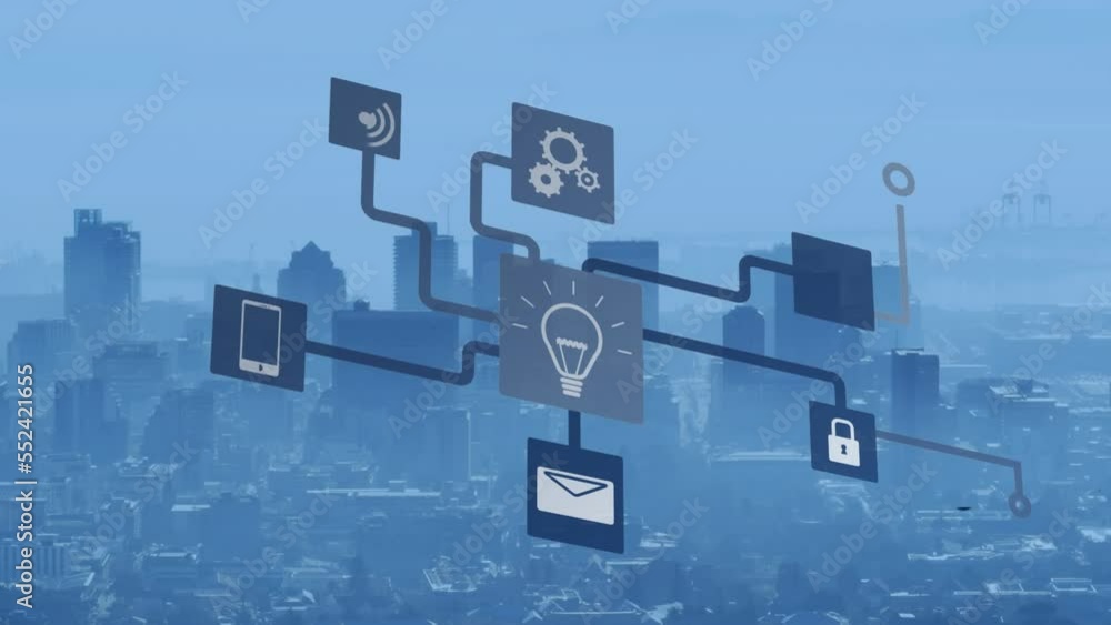 Animation of network of connections with icons and statistics over cityscape Animation of network of connections with icons and statistics over cityscape