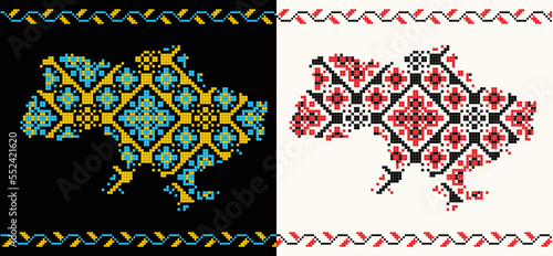Stylized vector map of Ukraine, silhouette of Ukraine filled with ukrainian ethnic embroidery