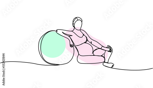 Pregnant woman with fitness ball one line art with colorful elements. Continuous line drawing of pregnancy, sports, fitness, preparation for childbirth, sports before childbirth, relaxation.