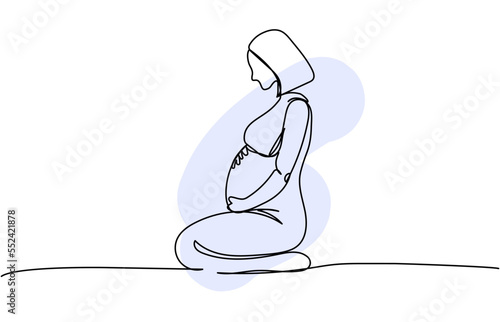 Pregnant woman sitting and stroking her belly one line art with colorful elements. Continuous line drawing of pregnancy, motherhood, preparation for childbirth, yoga, fitness, relaxation.