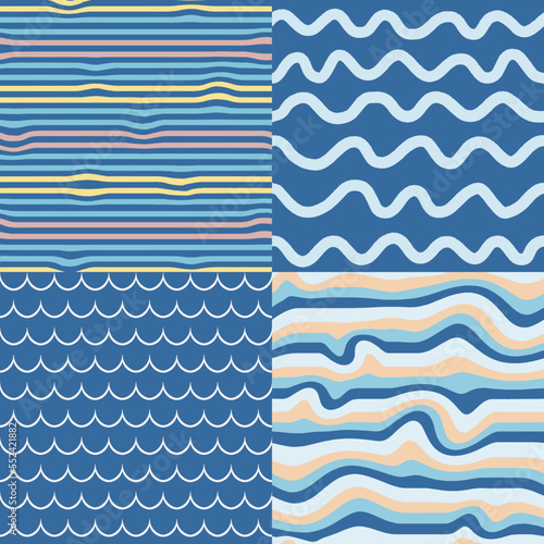 Set of 4 seamless vector patterns, distorted stripes, uneven lines, waves