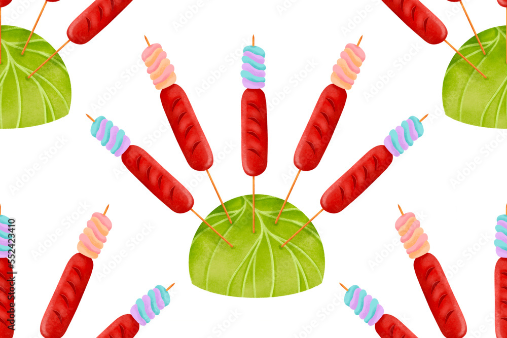Filipino hotdog twisty marshmallow sticks stuck on cabbage illustrated