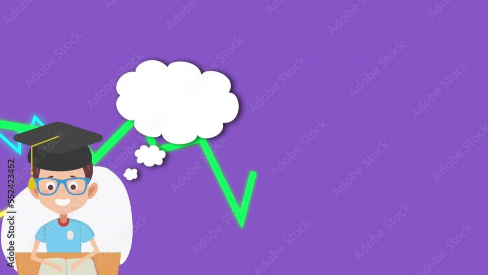 Animation of boy wearing mortarboard with thought bubble and line graphs on purple background Animation of boy wearing mortarboard with thought bubble and line graphs on purple background