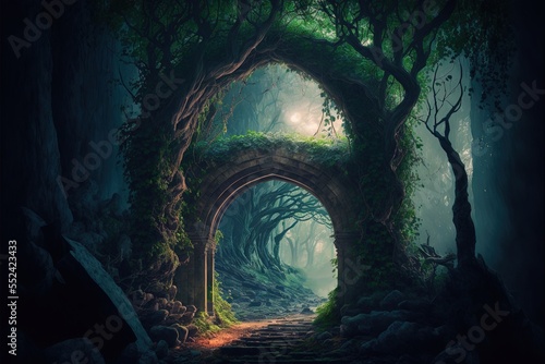 Fototapeta Into the deep woods, atmospheric landscape with archway and ancient trees, misty and foggy mood