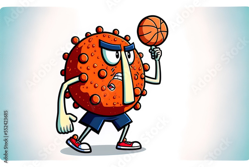 Basketball wielding cartoon figure representing the covid 19 coronavirus on a white backdrop. Generative AI photo