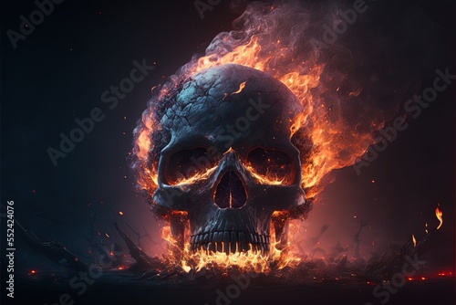 Leinwand Poster Skull burned in fire in dark Halloween night