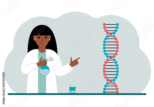 Female doctor with flasks near the dna chain. The concept of treating a new coronavirus, virus, pcr or disease.