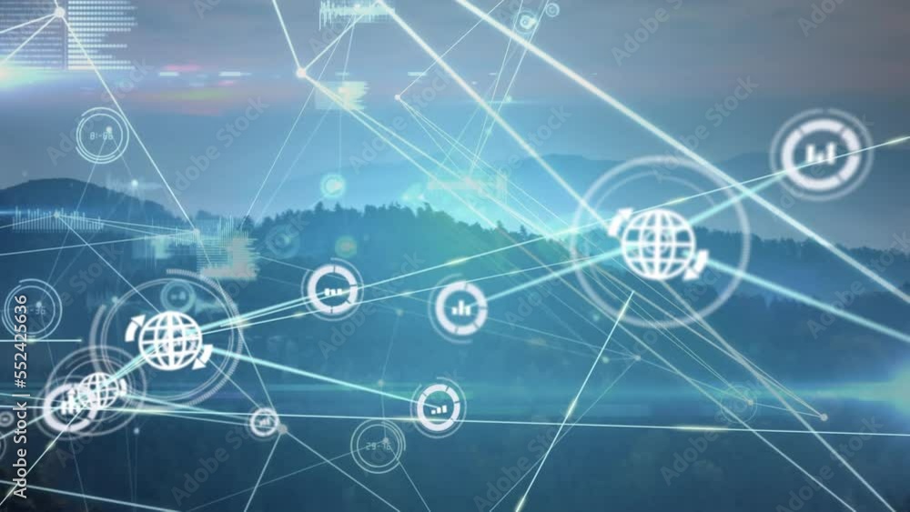 A digital animation of a network of connections over a landscape A digital animation of a network of connections over a landscape