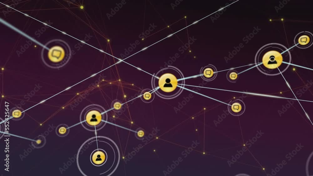 Animation of profile and message icons interconnected with lines on abstract background Animation of profile and message icons interconnected with lines on abstract background