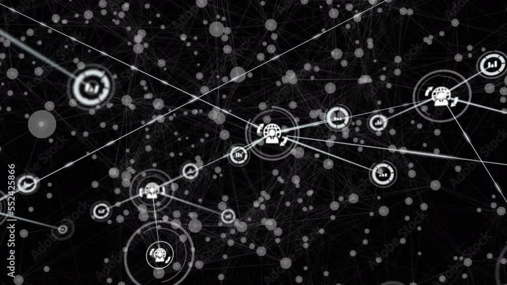 Black background, white dots connect to each other, forming a network Black background, white dots connect to each other, forming a network