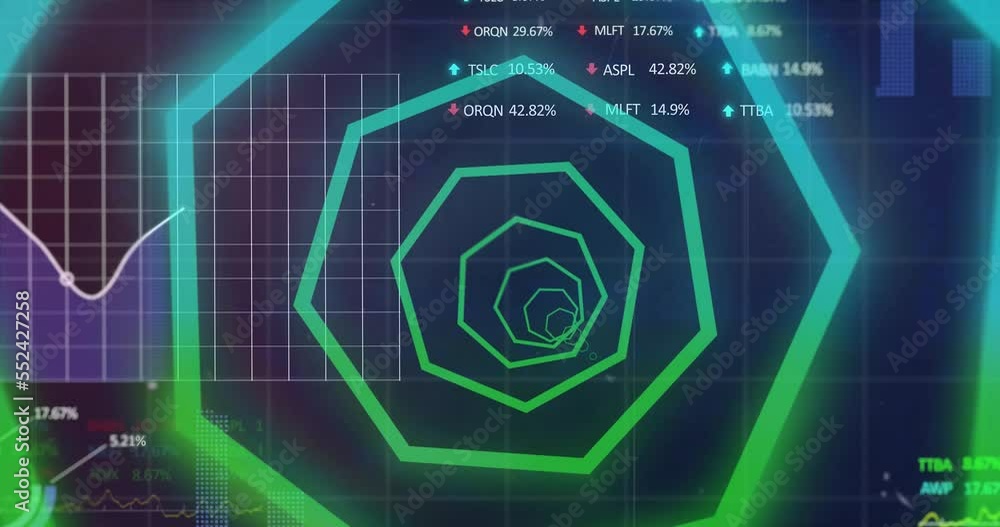 Animation of neon shapes rotating over financial data on navy background Animation of neon shapes rotating over financial data on navy background