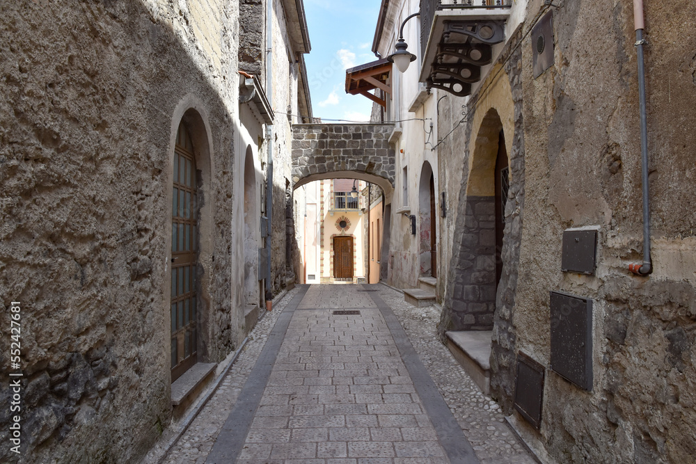 A narrow street between the houses of Ruviano, a small village in the province of Caserta in Italy.