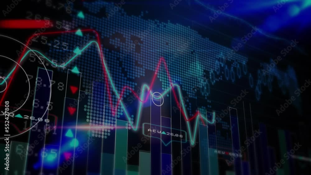 Animation of multiple graphs moving over digital map, trading board and abstract pattern Animation of multiple graphs moving over digital map, trading board and abstract pattern