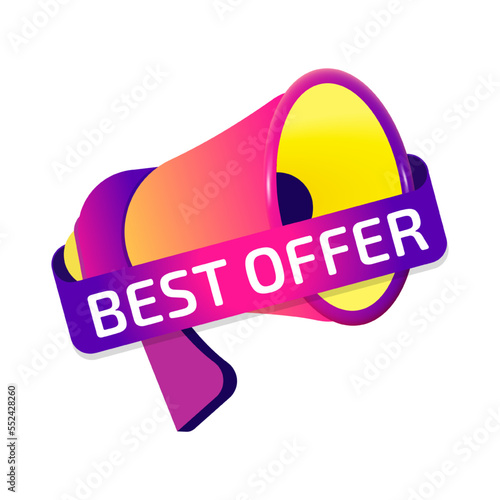 Best Offer banner label, badge icon with megaphone. Flat design