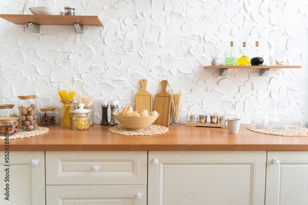 Fototapeta premium beautiful bright kitchen with oak countertops.