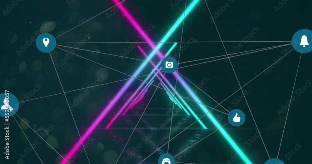 Animation of icons in circles connected with lines over illuminated looping triangular tunnel Animation of icons in circles connected with lines over illuminated looping triangular tunnel