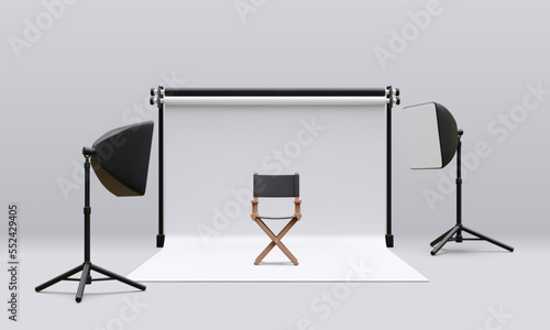 3d realistic interior of modern photo studio with chair and professional lighting equipment. Empty photography studio with spotlights. Vector illustration
