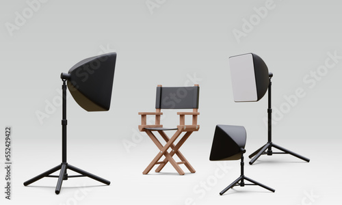 3d realistic interior of modern photo studio with chair and professional lighting equipment. Empty photography studio with spotlights. Vector illustration
