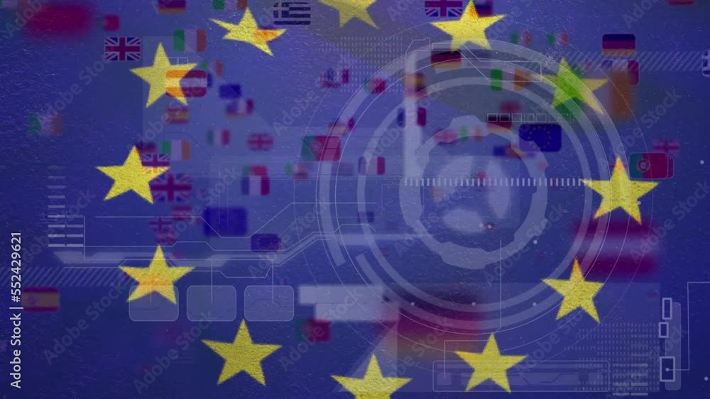 Animation of flag of eu over data processing and national flags Animation of flag of eu over data processing and national flags