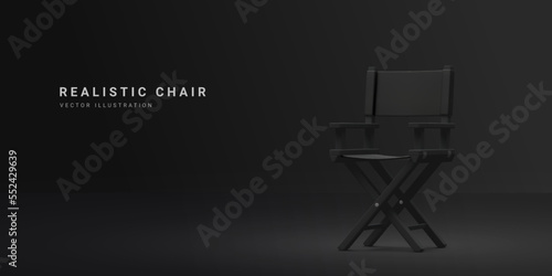 3d realistic black director chair isolated on dark background. Vector illustration