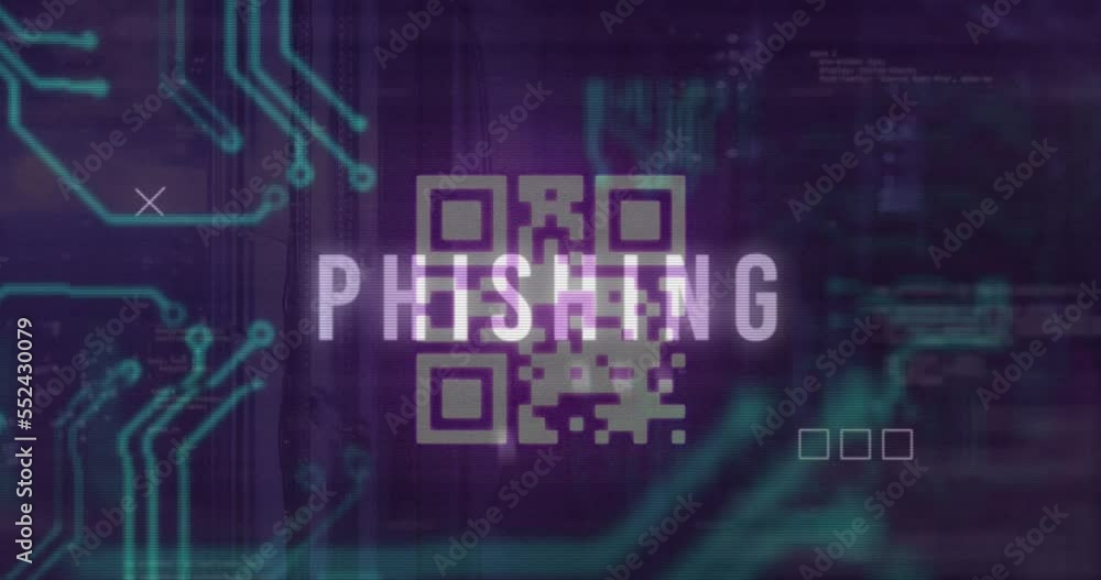 Animation of x mark on phishing text and qr code, binary codes against circuit board texture Animation of x mark on phishing text and qr code, binary codes against circuit board texture