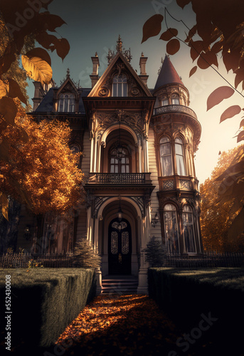 beautiful cottage,mansion, autumn, golden leaves, bright sunlight, cinematic, realistic art