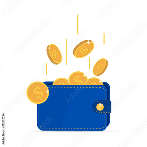 Purse full of golden coins. Online payment and payment concept. Electronic money is issued in a leather wallet. Vector wallet and gold coins Icon. Mobile banking and online payment service