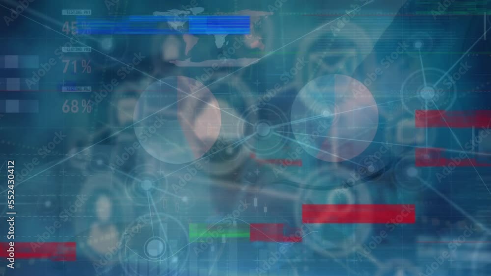 Animation of glitched multicolored bars, connected dots over infographic interface with icons Animation of glitched multicolored bars, connected dots over infographic interface with icons